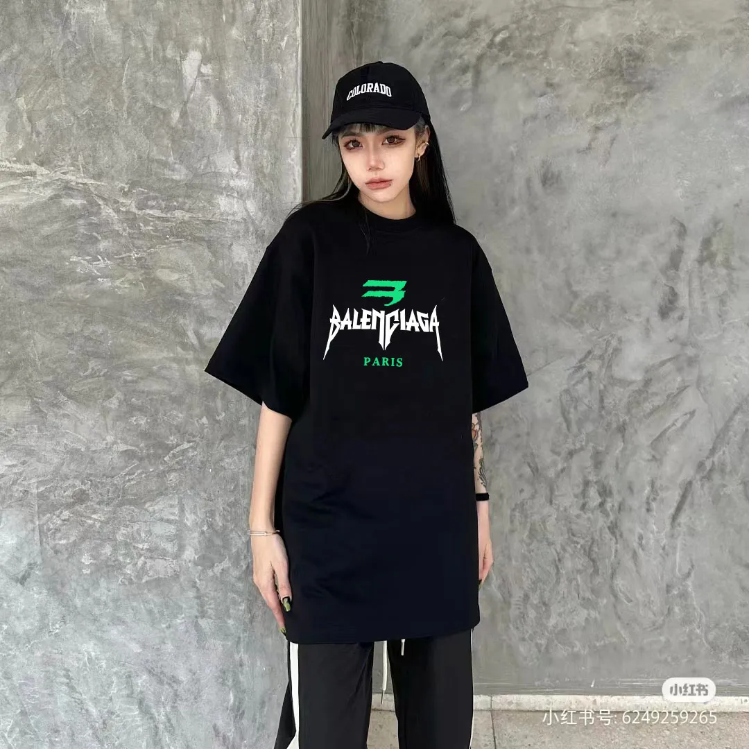 P80✨🔥 BALENCIAGA Paris lettering printed short-sleeved T-shirt, custom-woven and dyed 280g combed cotton heavyweight fabric, zero color difference in thread, perfect details, different from the current version on the market, welcome to compare, Same Style for men and women, must-sell in the picture above Color: White Black Size: 1 2 3 4